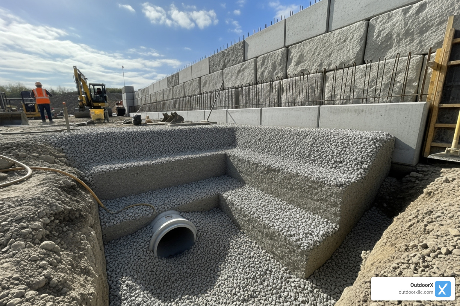 Retaining wall under construction, showing the drainage gravel and pipe. - retaining wall builders near me Retaining wall under construction, showing the drainage gravel and pipe. - retaining wall builders near me