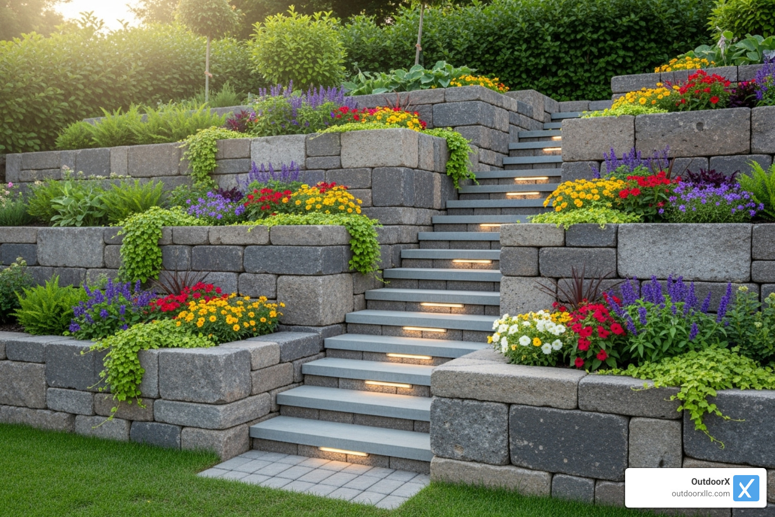 Multi-tiered retaining wall with integrated planting beds and steps. - retaining wall builders near me Multi-tiered retaining wall with integrated planting beds and steps. - retaining wall builders near me