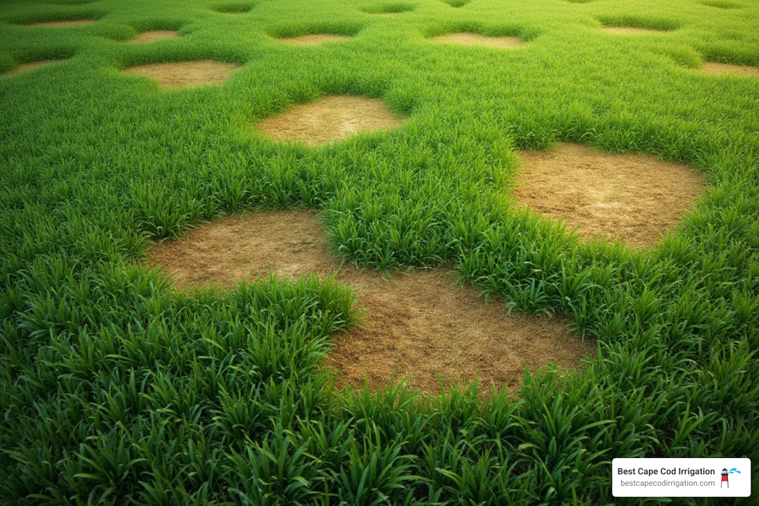 of a lawn with uneven watering, showing both dry brown spots and overly saturated green spots. - irrigation repair company near me