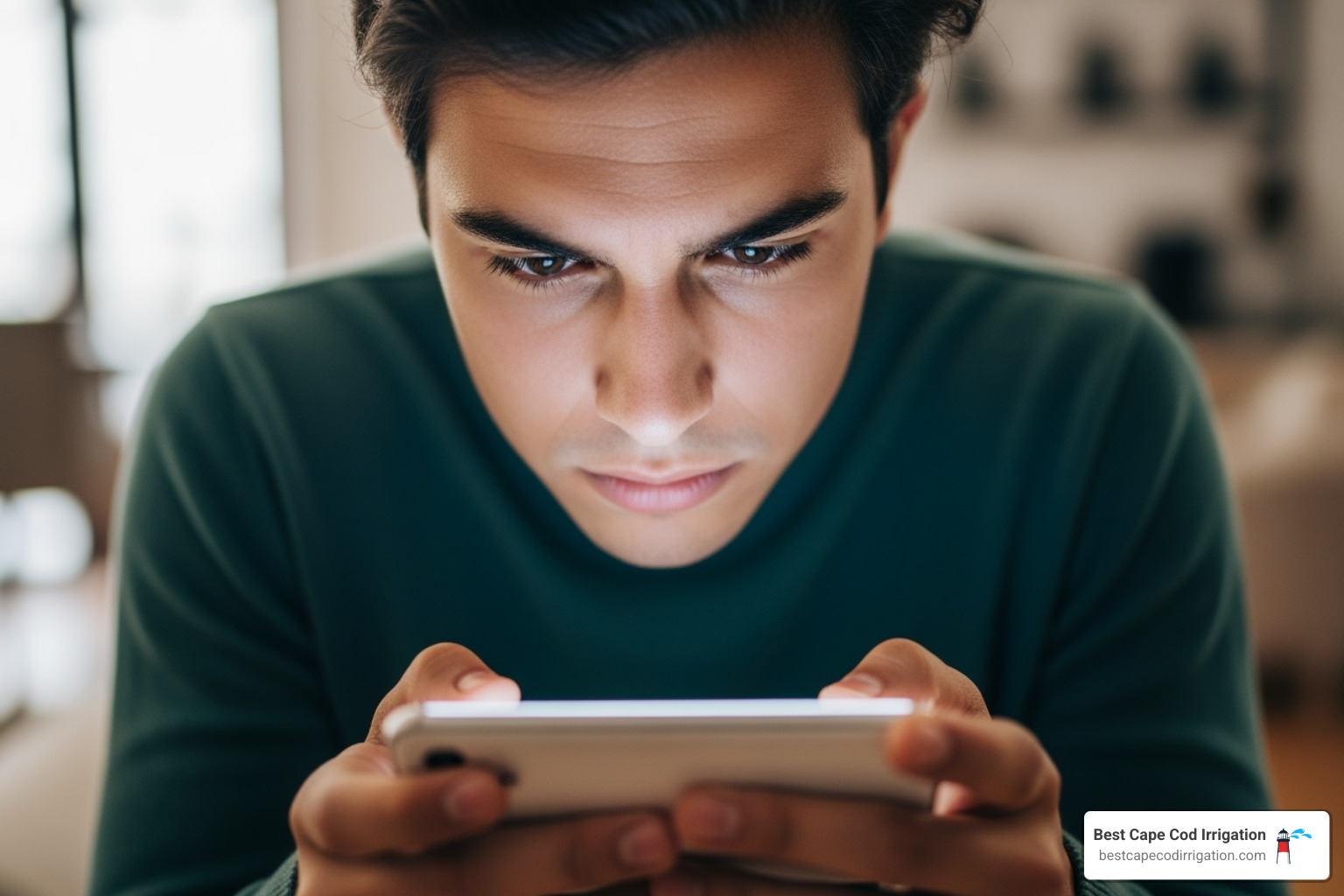 person comparing features on a smartphone app - remote irrigation system