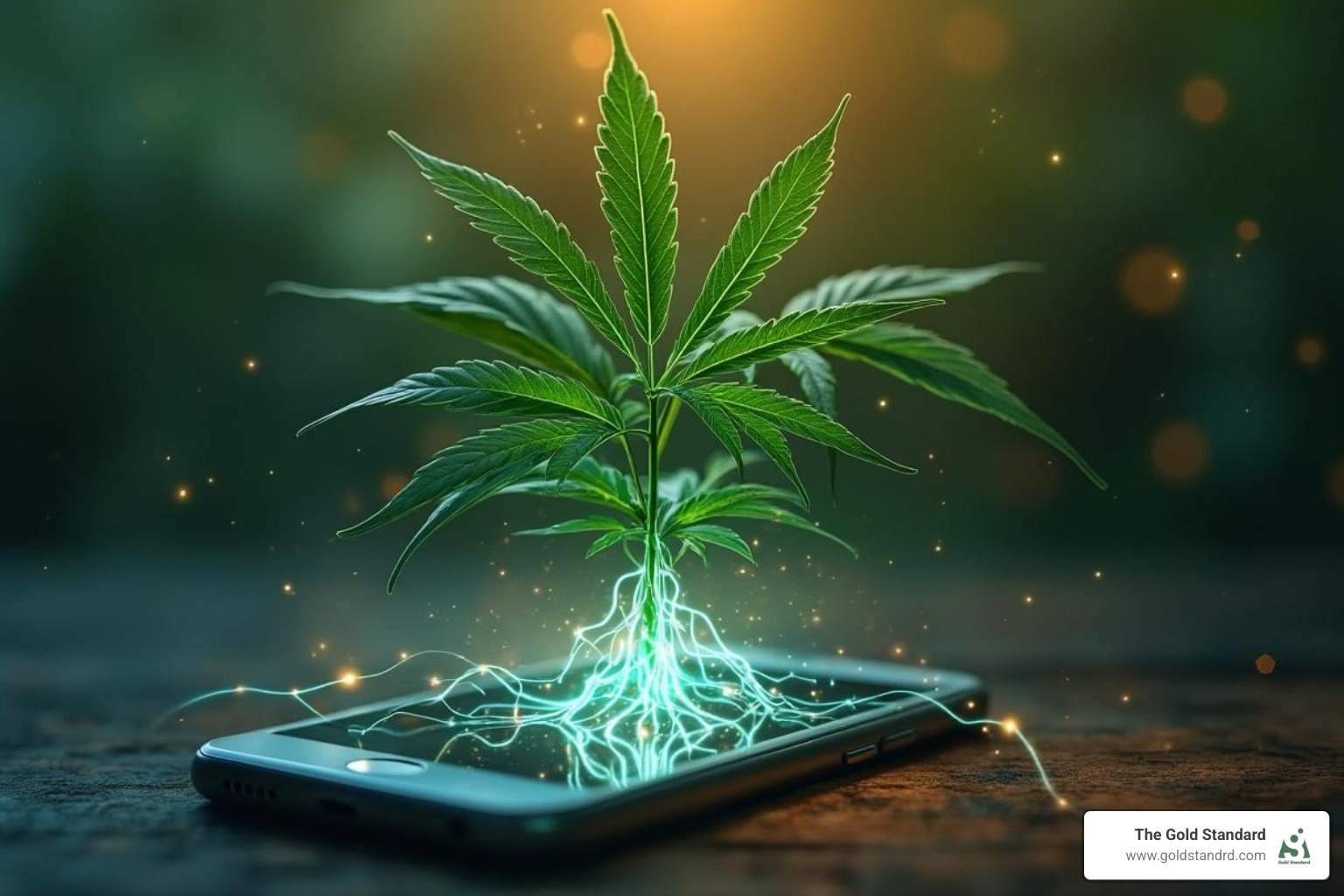 a cannabis plant with glowing digital roots connecting to a smartphone screen - marijuana dispensary SEO
