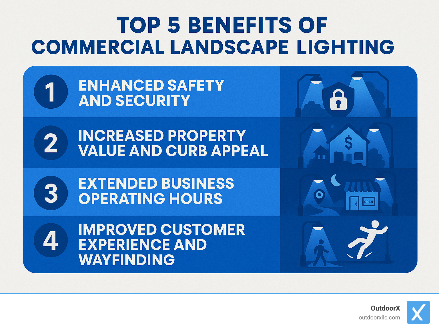 Infographic showing the top 5 benefits of commercial landscape lighting: improved safety and security, increased property value and curb appeal, extended business operating hours, improved customer experience and wayfinding, and reduced liability from accidents - commercial landscape lighting services infographic 
