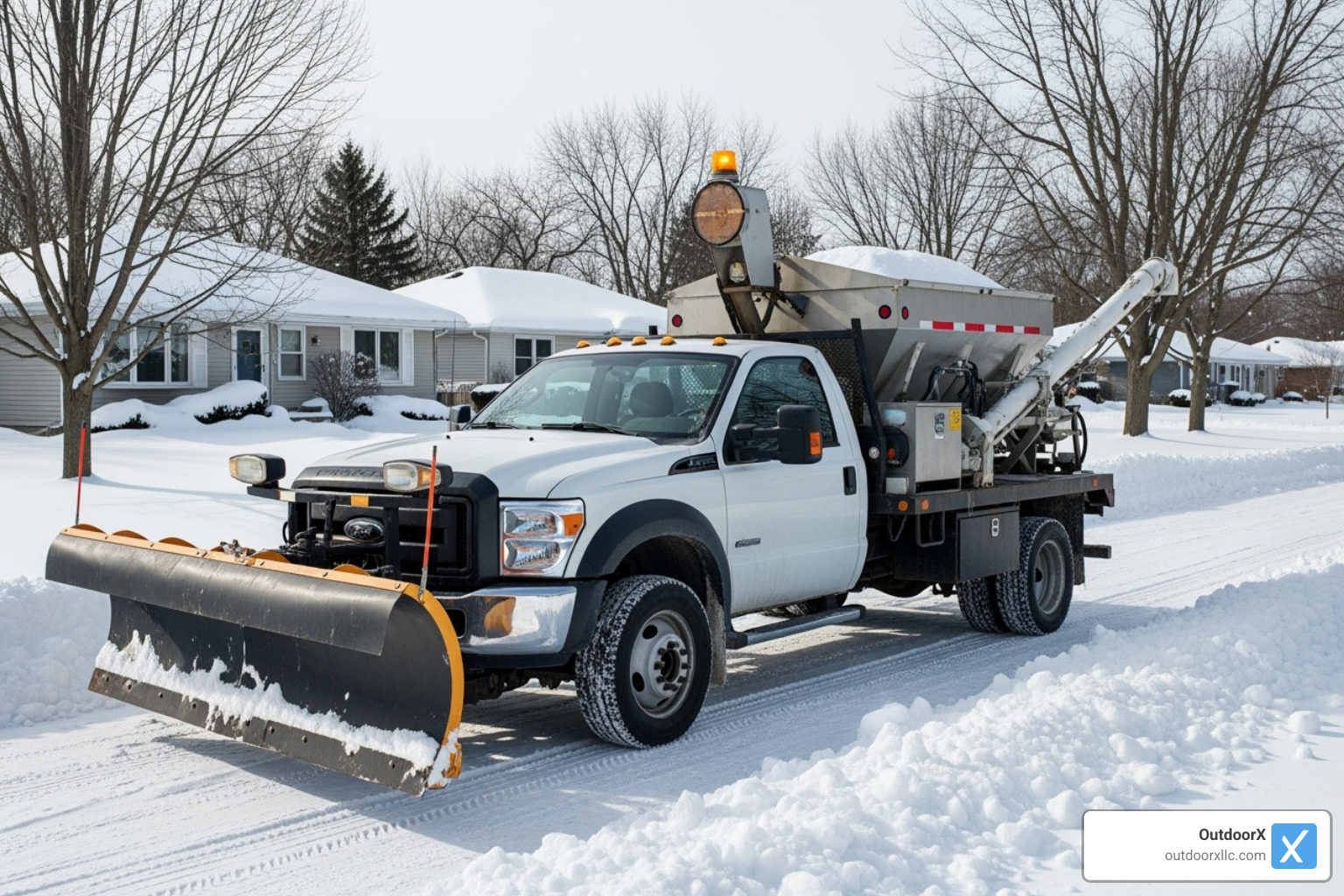 A truck equipped with both a front plow and a rear salt spreader - commercial snow plow