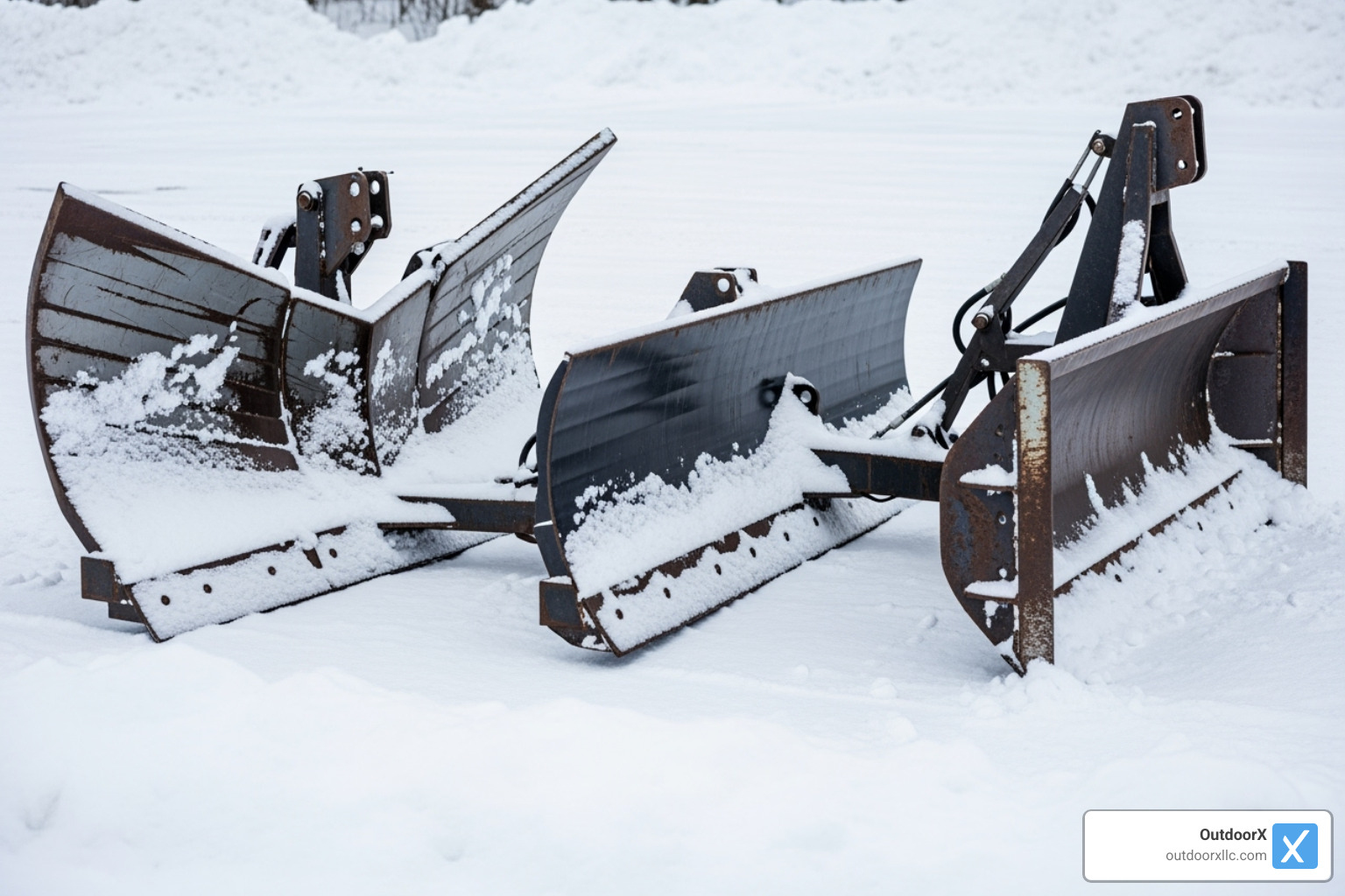 A V-plow, a straight blade plow, and a snow pusher side-by-side - commercial snow plow