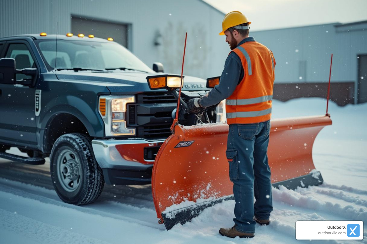 A contractor inspecting a plow mounted on a truck - commercial snow plow