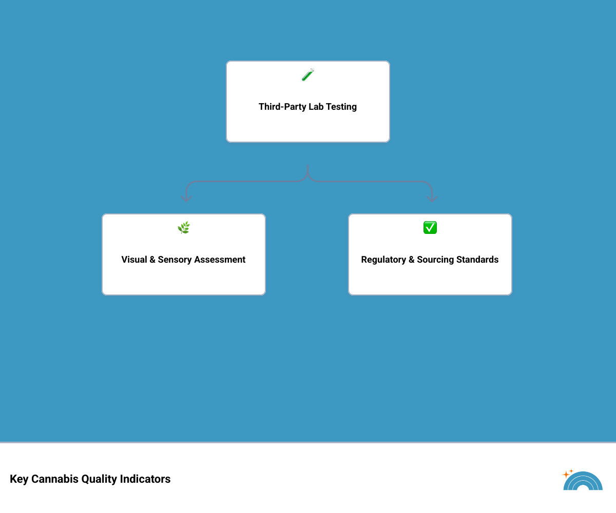 Infographic showing the hierarchy of cannabis quality indicators including lab testing results at the top, followed by visual inspection criteria like trichome density and bud structure, cultivation practices such as organic growing methods, and regulatory compliance including licensed dispensary verification - quality cannabis products infographic hierarchy