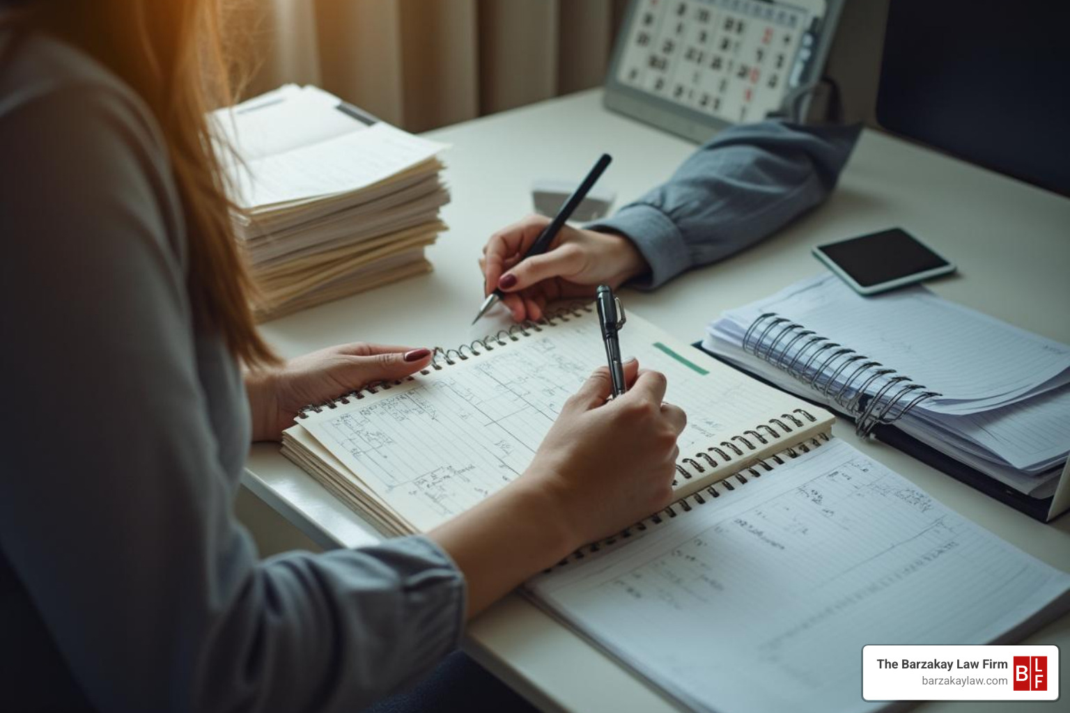 Image of a person organizing medical bills and a symptom journal, with a calendar showing appointments. - brain injury attorney near me