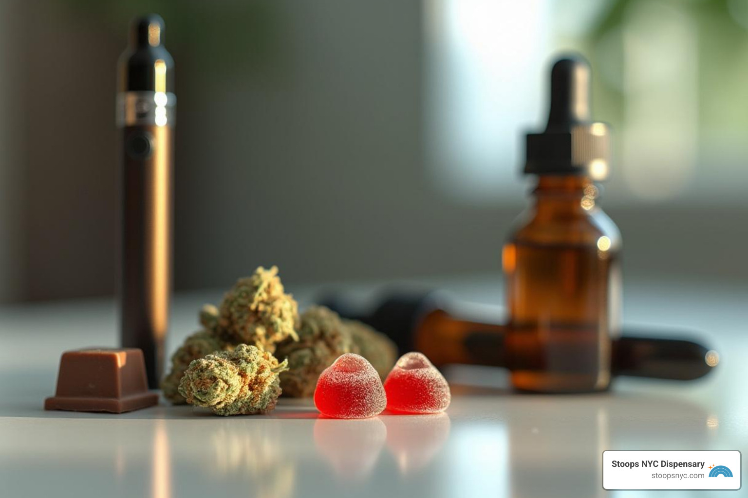 image of various consumption methods like a vape pen, an edible, and a tincture bottle - quality cannabis products