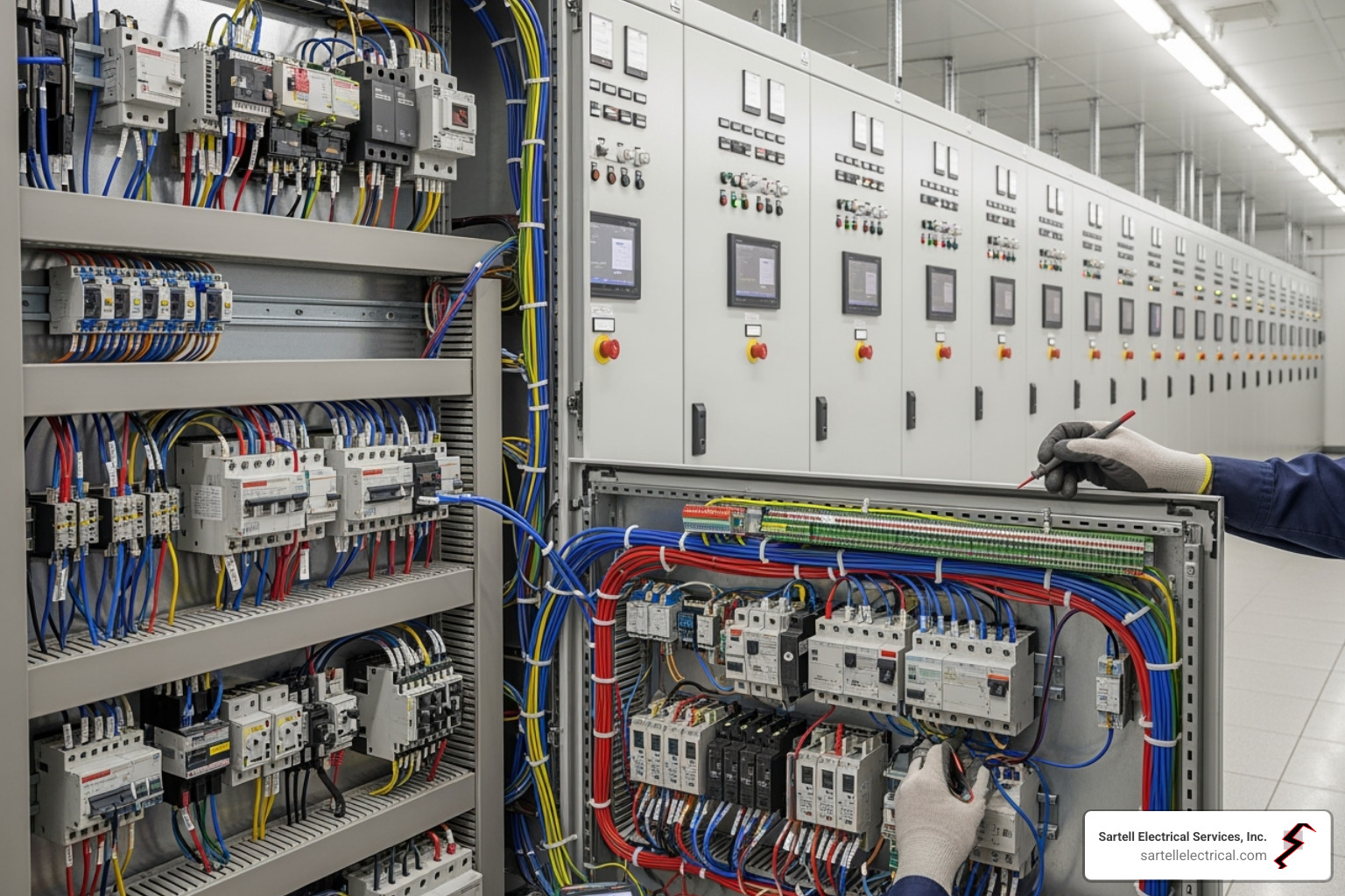 electrician working on industrial control panel - industrial electrical solutions electrician working on industrial control panel - industrial electrical solutions