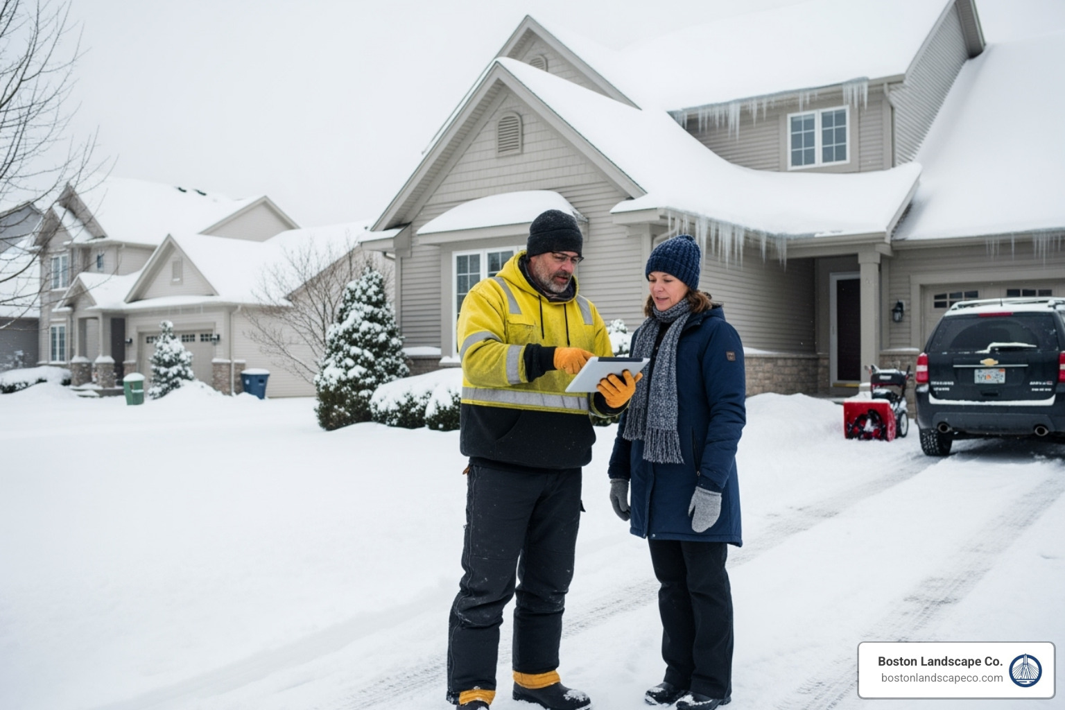 snow removal contractor discussing a plan with a homeowner - Reading MA snow removal