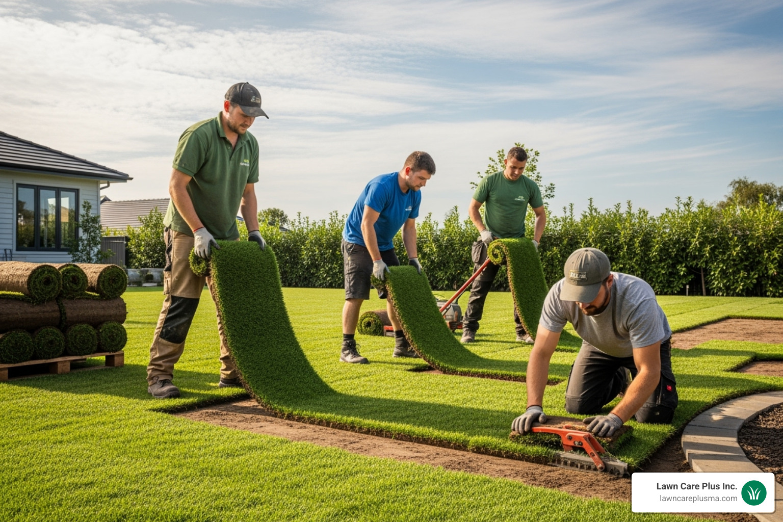 professional landscaping team installing sod efficiently - lawn sod installation