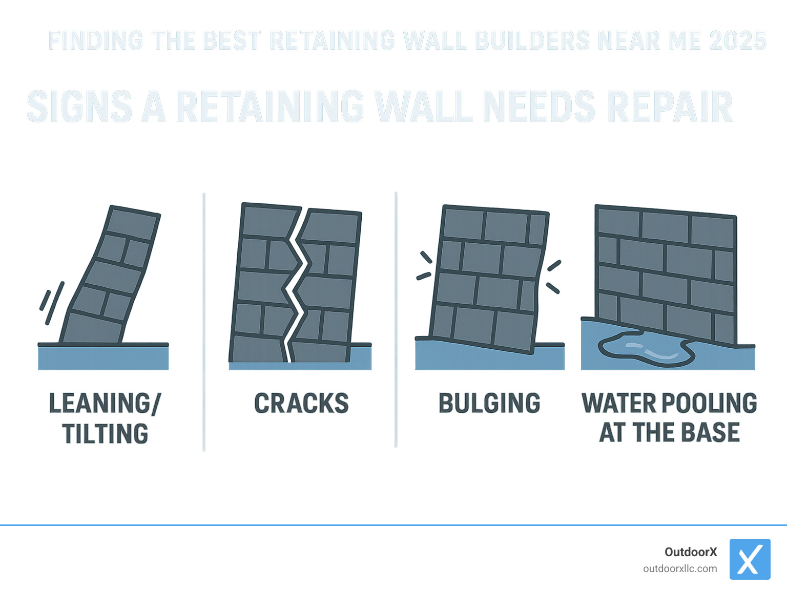 Infographic detailing signs that a retaining wall needs repair: leaning/tilting, cracks, bulging, and water pooling at the base - retaining wall builders near me infographic Infographic detailing signs that a retaining wall needs repair: leaning/tilting, cracks, bulging, and water pooling at the base - retaining wall builders near me infographic