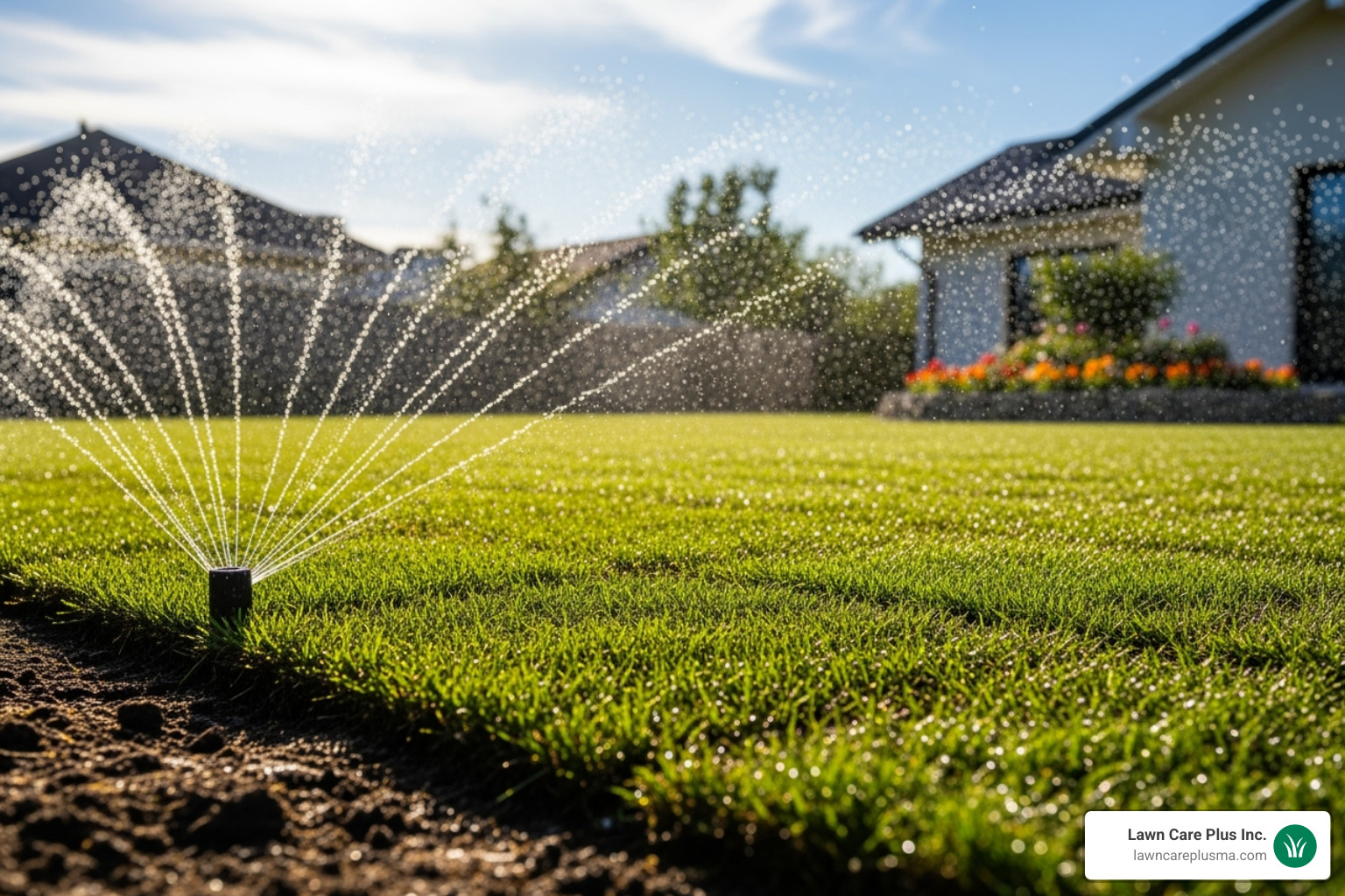 sprinkler watering a newly laid sod lawn - lawn sod installation