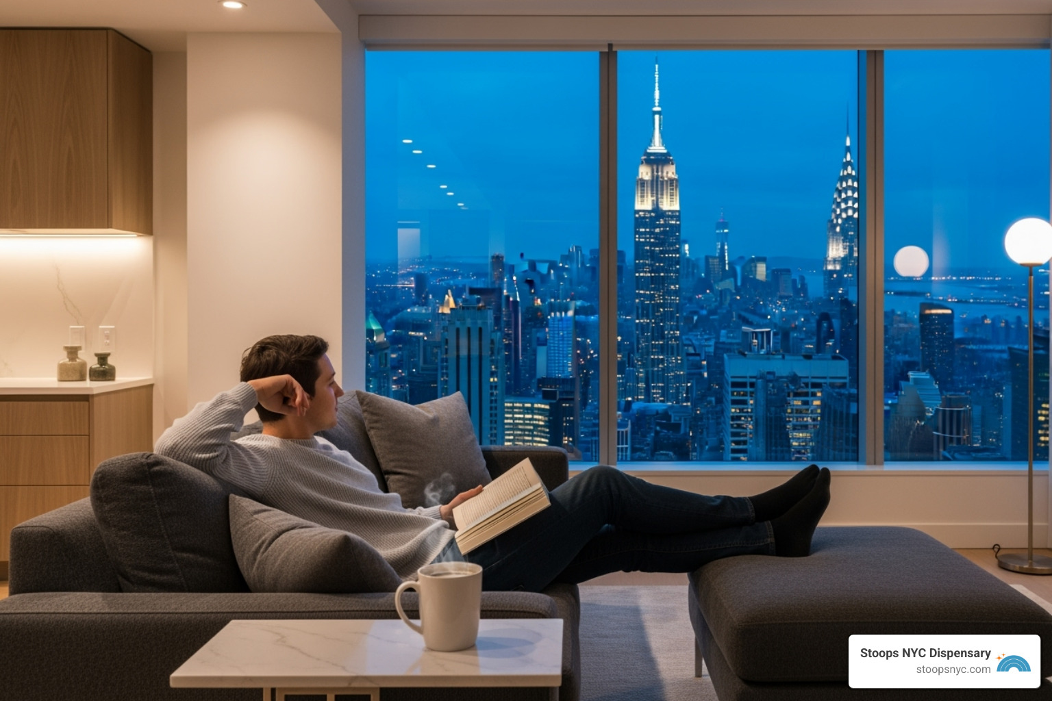 a person relaxing in a comfortable NYC apartment setting - NYC marijuana edibles