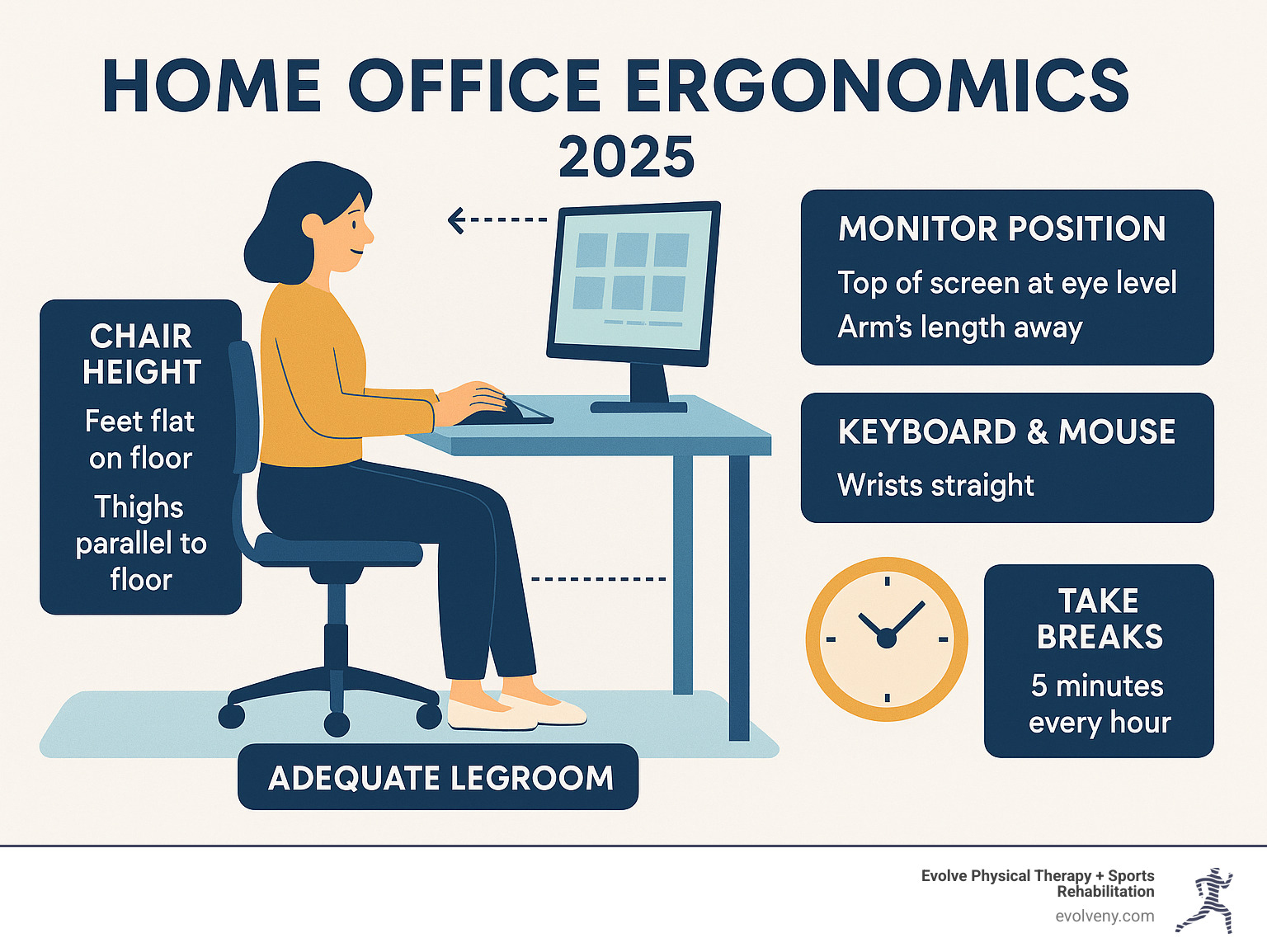 Infographic showing ergonomic workstation setup with proper chair height, monitor positioning at eye level, keyboard placement for neutral wrists, adequate legroom, and recommended break intervals for optimal home office ergonomics - home office ergonomics infographic 