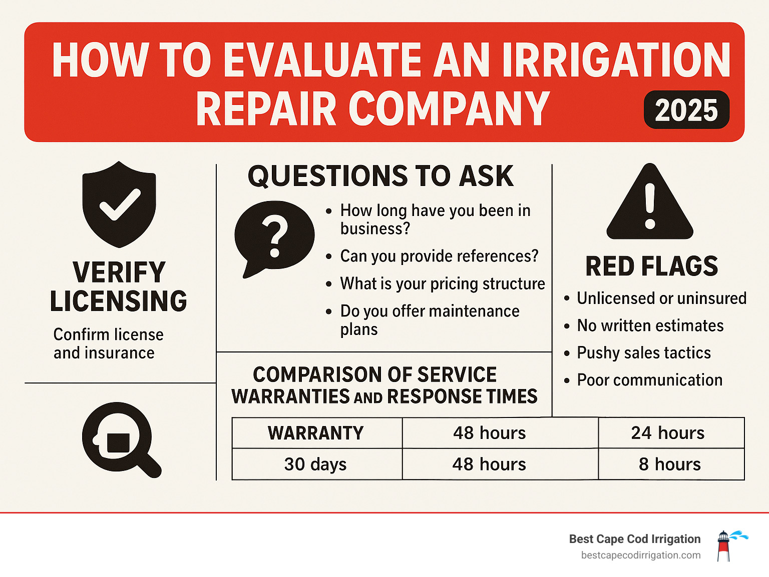 Comprehensive guide showing how to evaluate irrigation repair companies, including licensing verification steps, key questions to ask contractors, red flags to avoid, and a comparison chart of service warranties and response times - irrigation repair company near me infographic 