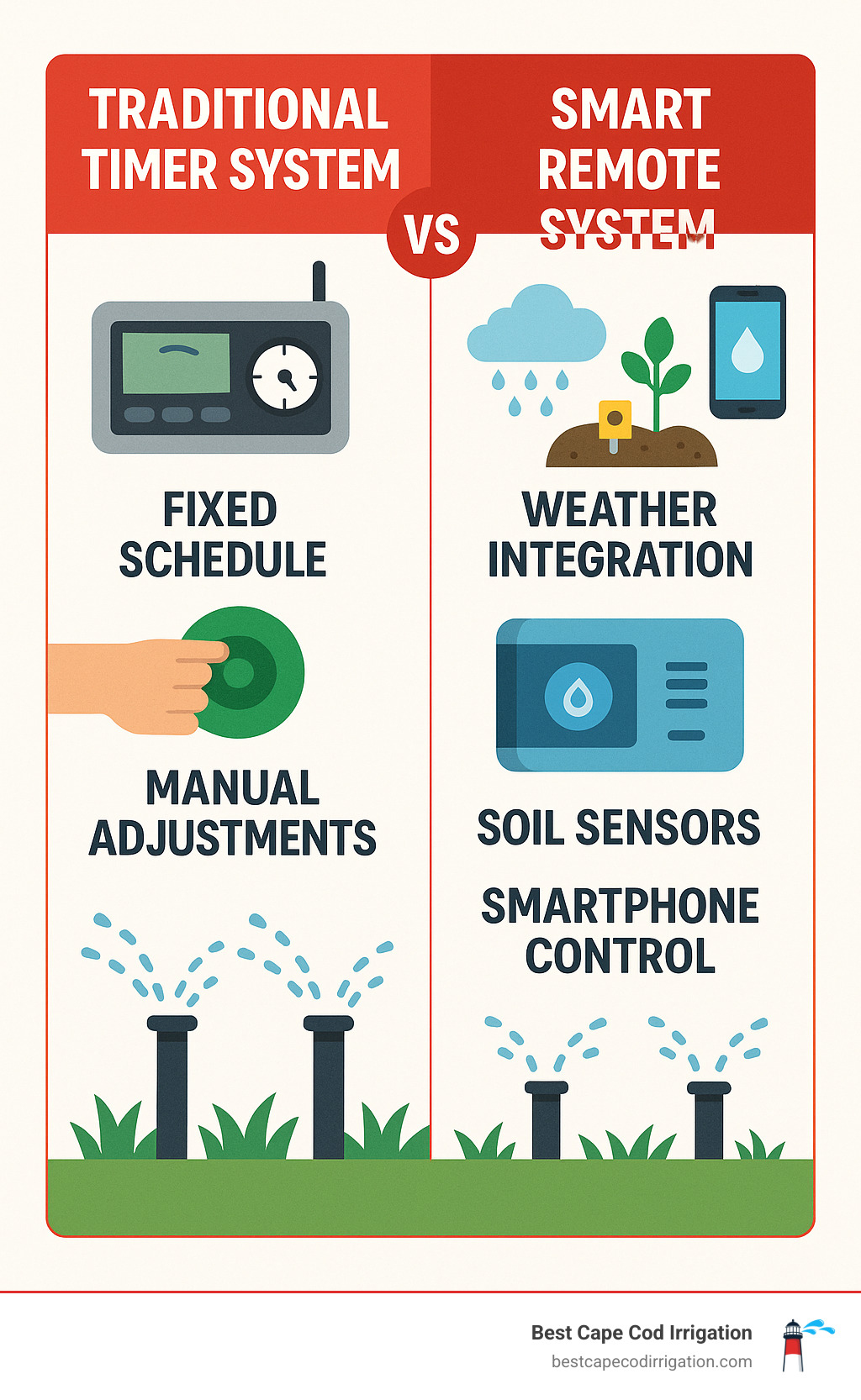 Comparison infographic showing traditional timer system with fixed schedule and manual adjustments versus smart remote system with weather integration, soil sensors, and smartphone control capabilities - remote irrigation system infographic 