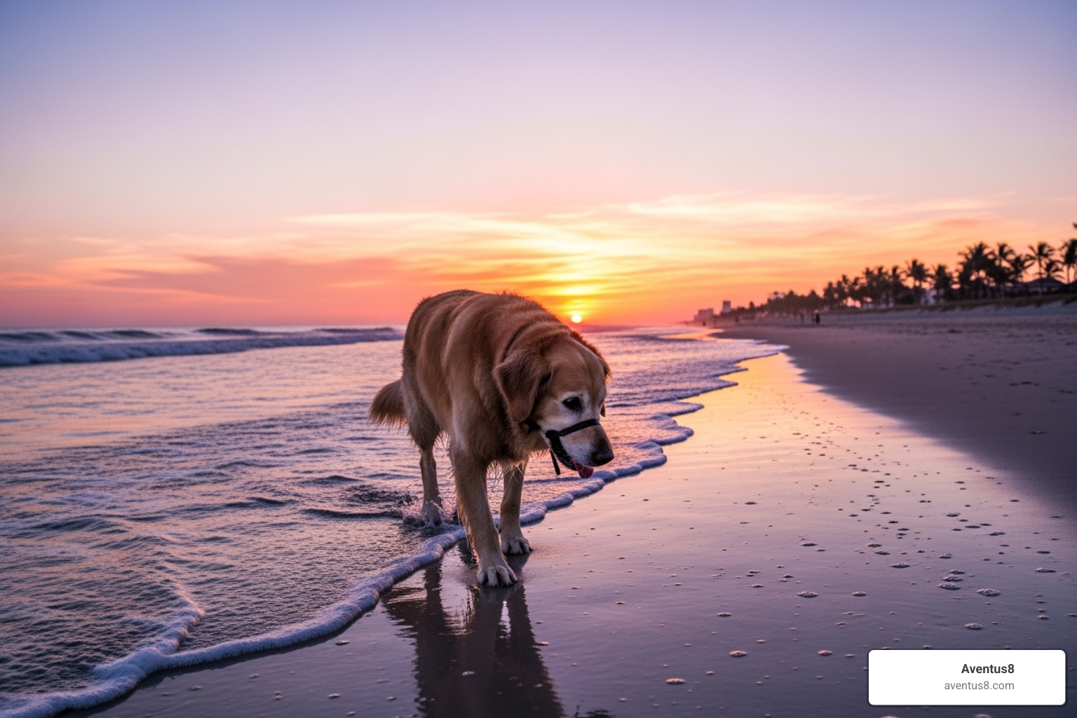 An older dog comfortably walking on Hollywood Beach at sunrise - cbd for pets