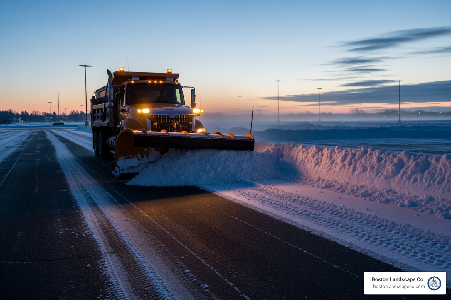 commercial snow plow clearing a large parking lot at dawn - Reading MA snow removal