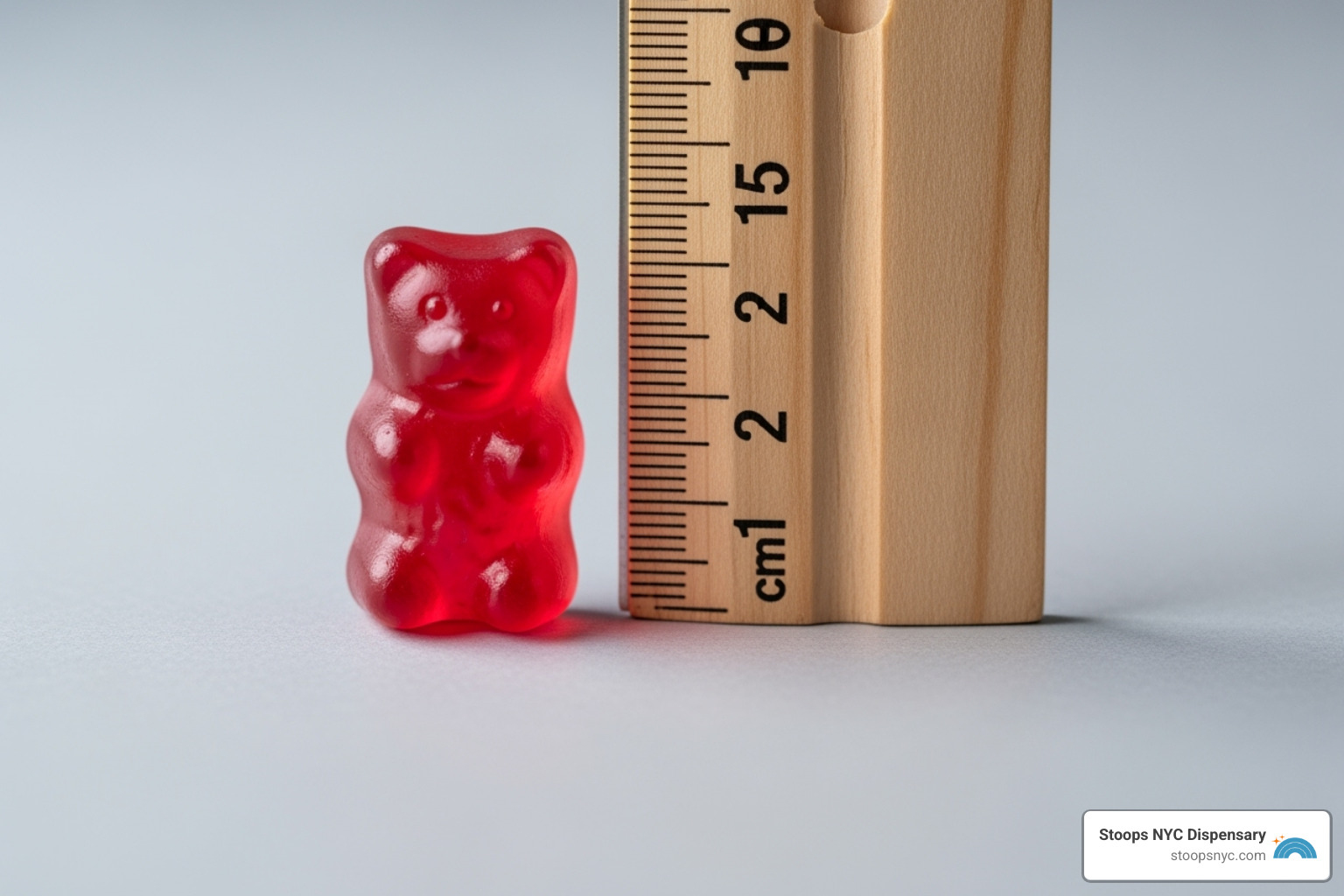 a single gummy next to a ruler to illustrate a single dose - NYC marijuana edibles