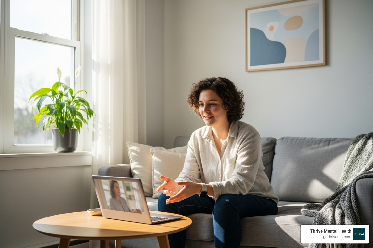 A person comfortably participating in a virtual therapy session from their home, illustrating accessible mental healthcare - telehealth IOP program