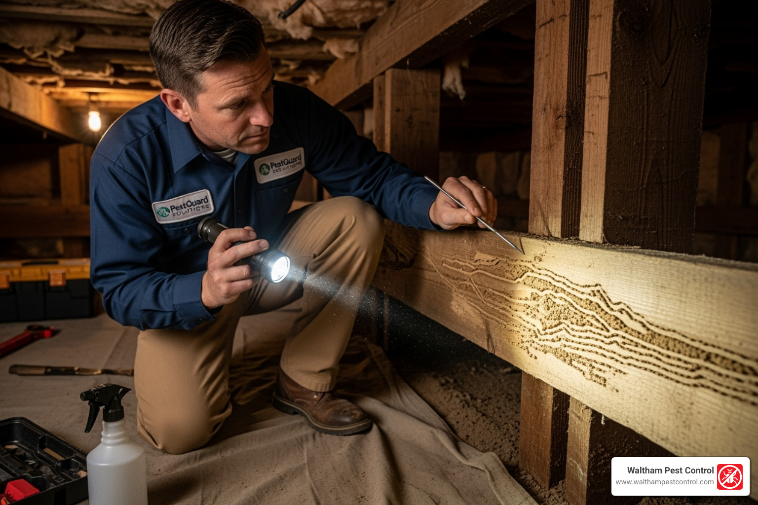 pest control professional conducting a termite inspection - termite larvae