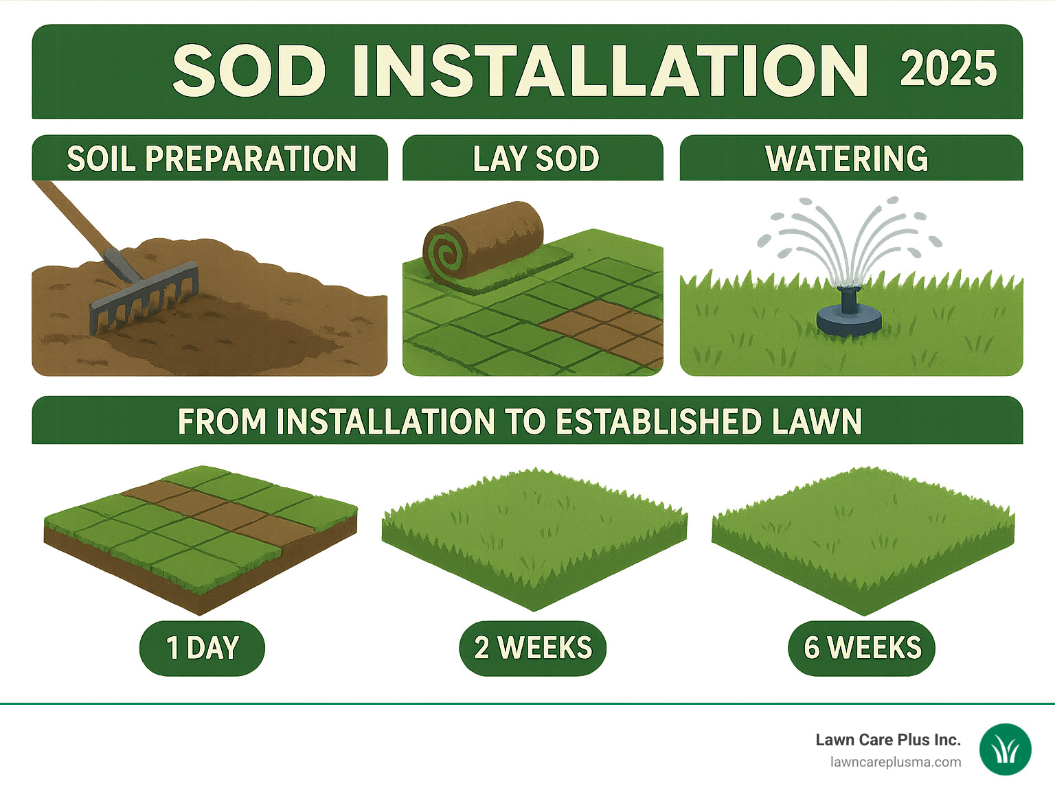 Comprehensive sod installation process infographic showing soil preparation, sod laying in brick pattern, watering schedule, and timeline from installation to established lawn with key milestones at 1 day, 2 weeks, and 6 weeks - lawn sod installation infographic 