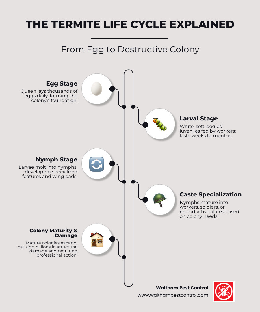 Detailed infographic showing termite life cycle from egg to larva to nymph to adult, with developmental stages, feeding relationships, caste differentiation, and timeline of development under optimal conditions - termite larvae infographic infographic-line-5-steps-neat_beige