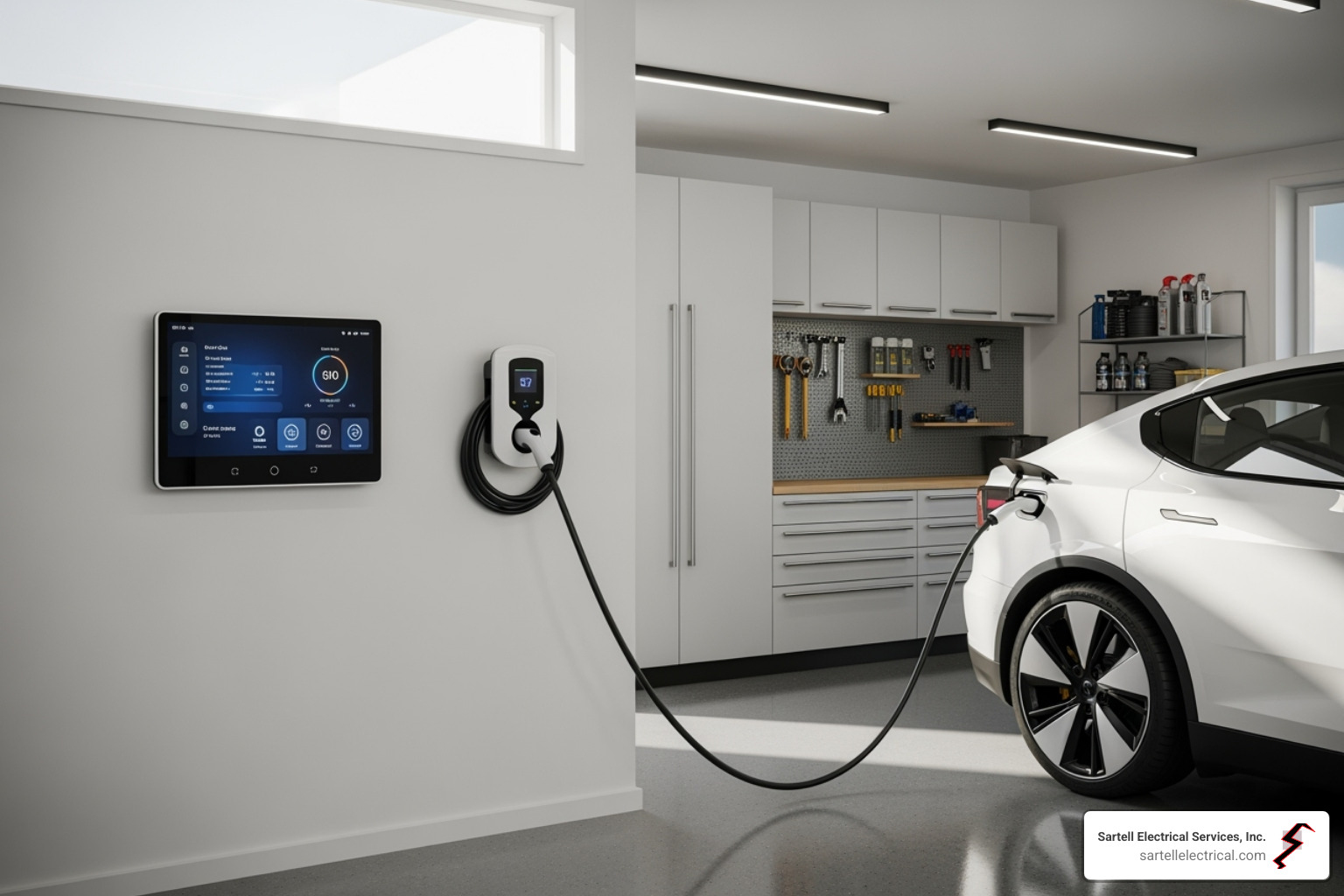 modern smart home hub and an EV charger installed in a garage - electrical companies near me modern smart home hub and an EV charger installed in a garage - electrical companies near me