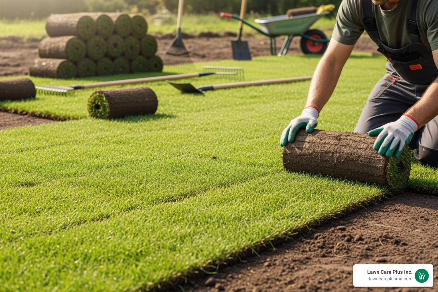 sod rolls being laid in a staggered, brick-like pattern - lawn sod installation