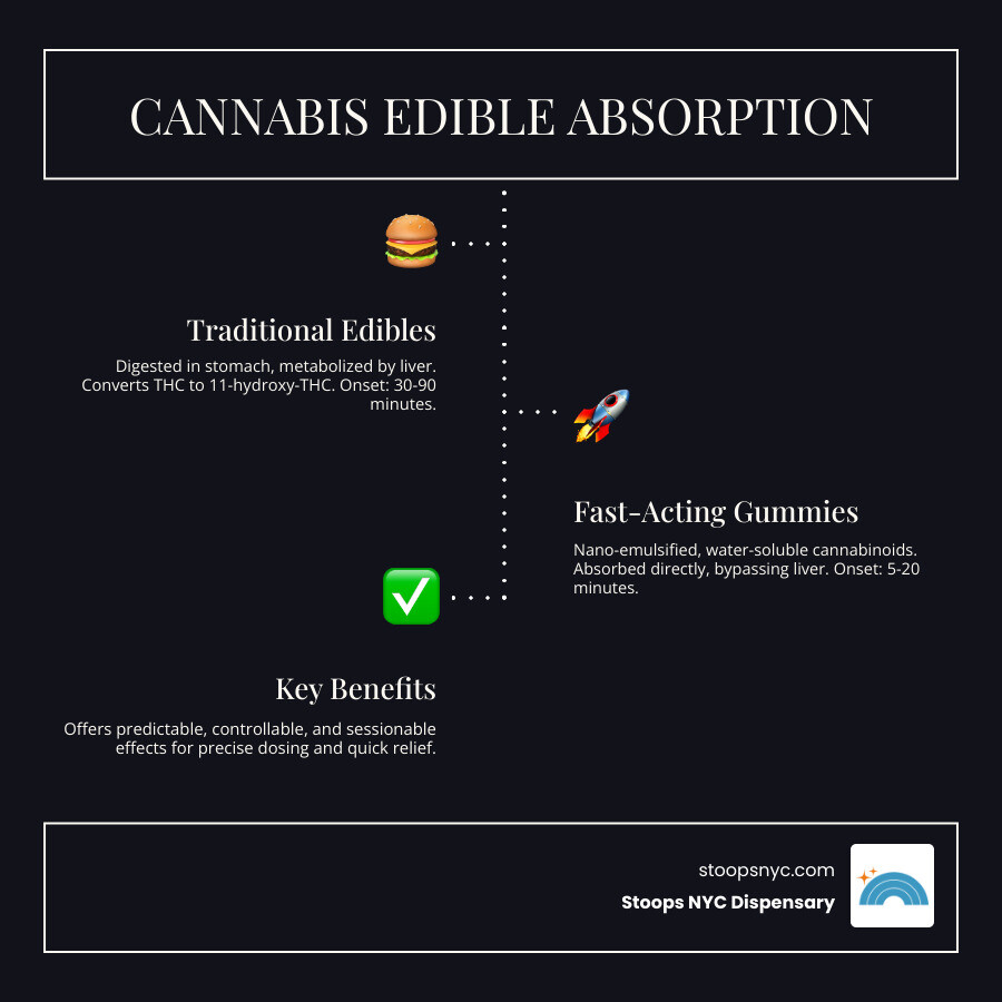 Detailed infographic showing the absorption pathway comparison between traditional edibles (going through stomach, liver, then bloodstream) versus fast-acting gummies (direct oral absorption and bypassing first-pass metabolism), including timeline markers for onset times - fast acting gummies infographic infographic-line-3-steps-dark