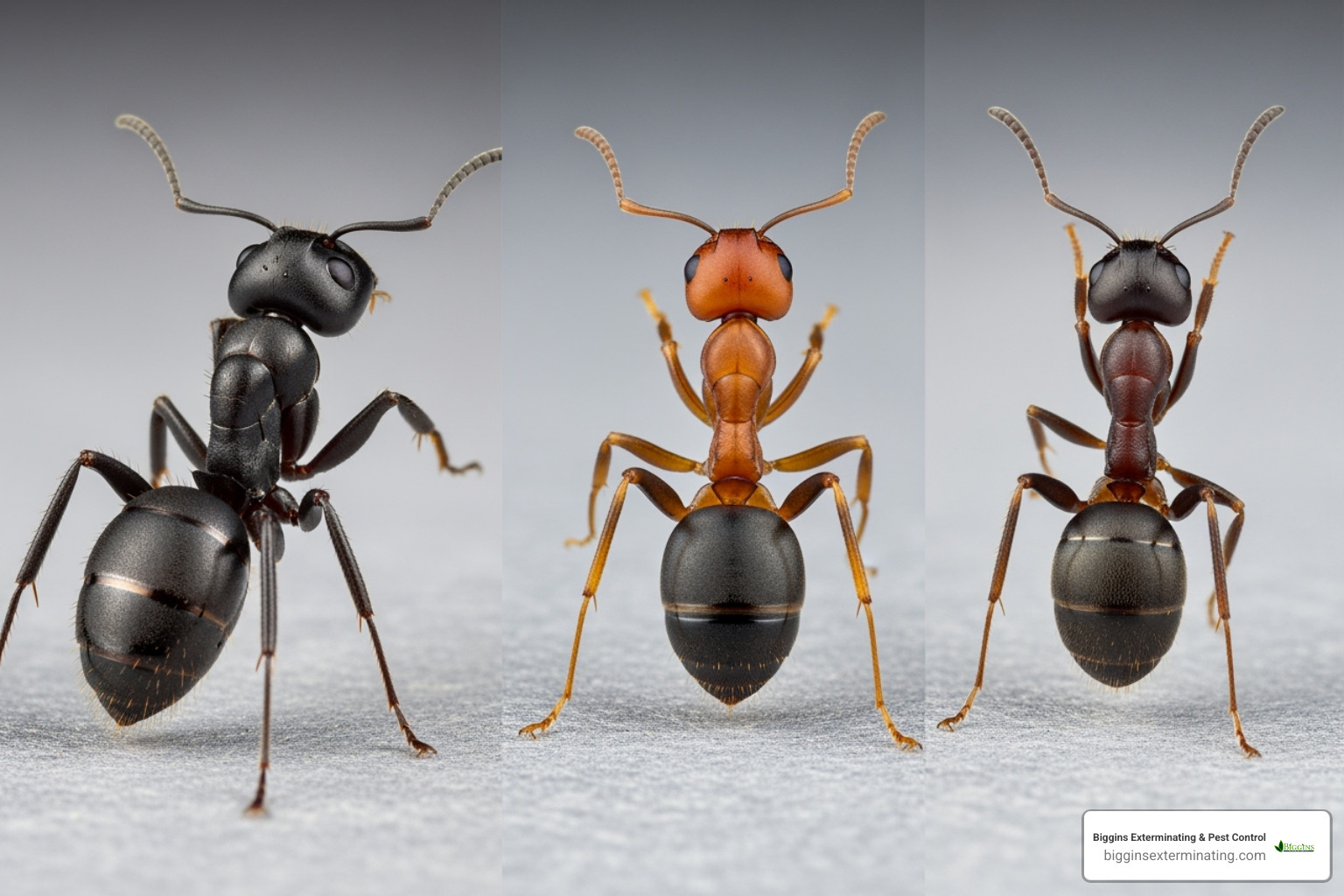 side-by-side comparison of a carpenter ant, fire ant, and sugar ant - how much does it cost to exterminate ants