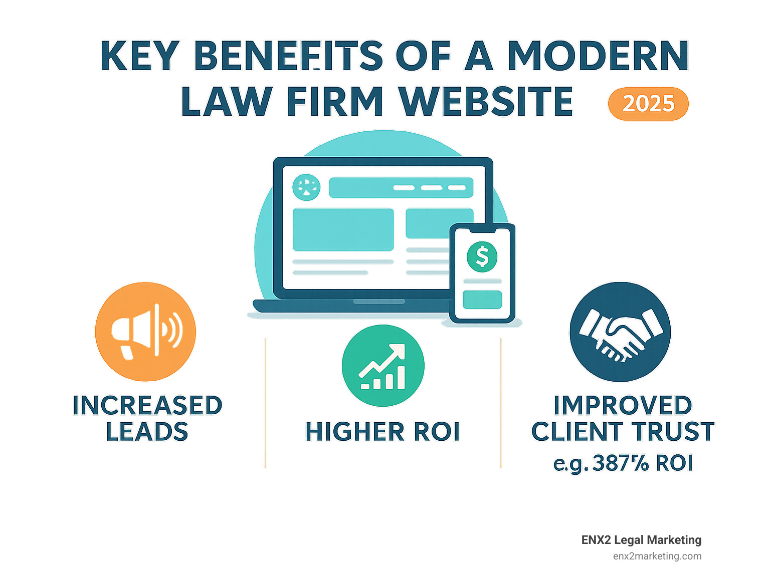 Key benefits of a modern law firm website: increased leads, higher ROI, improved client trust (e.g., Hagestad Law Group's 387% ROI) - legal web design trends infographic Key benefits of a modern law firm website: increased leads, higher ROI, improved client trust (e.g., Hagestad Law Group's 387% ROI) - legal web design trends infographic