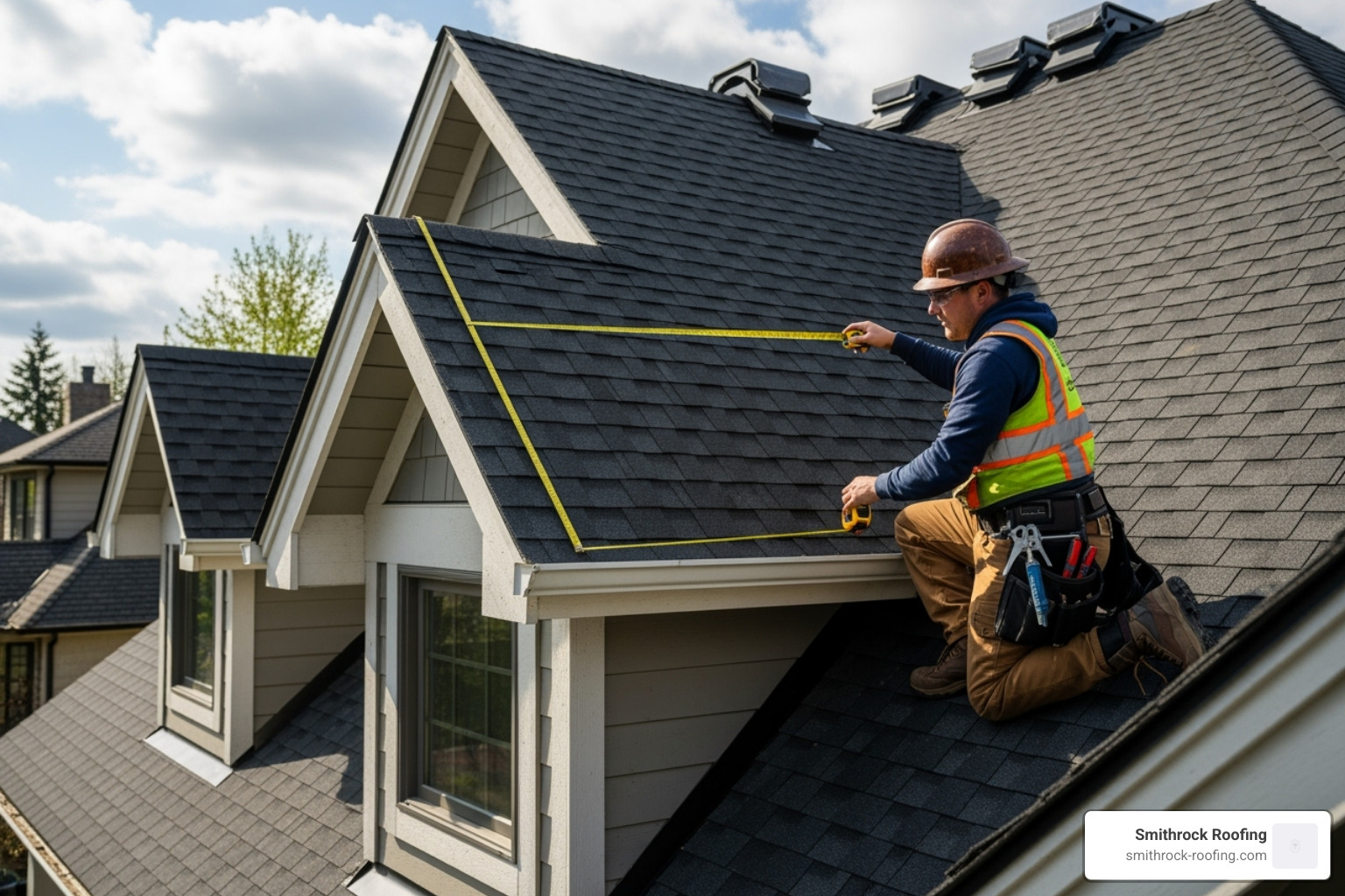 roofer measuring a complex roof with multiple gables and dormers. - roof replacement cost 2500 sq ft