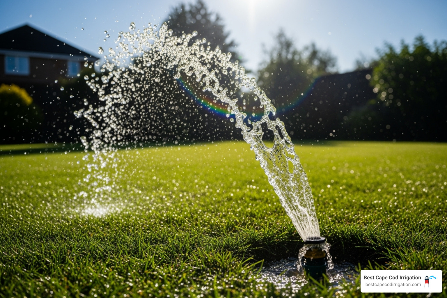 of a broken sprinkler head creating a geyser of water on a lawn - seasonal irrigation maintenance