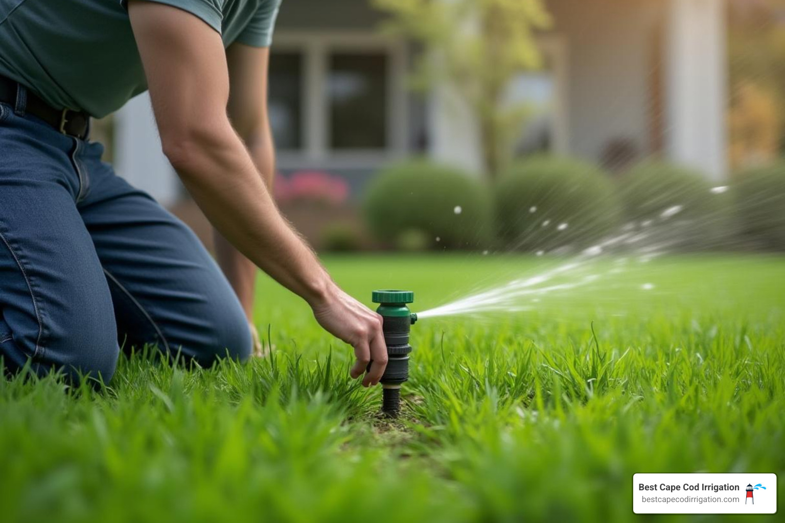 of a homeowner carefully inspecting a sprinkler head in the spring - seasonal irrigation maintenance