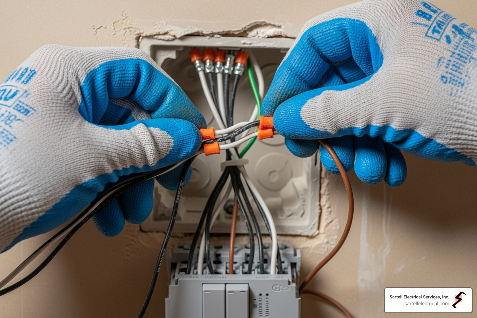 Hands safely working on electrical wiring - Dimmer switch wiring