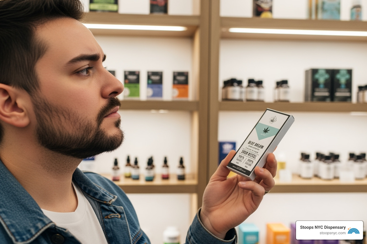 person looking thoughtfully at a cannabis product label in a dispensary setting - cannabis flower strains