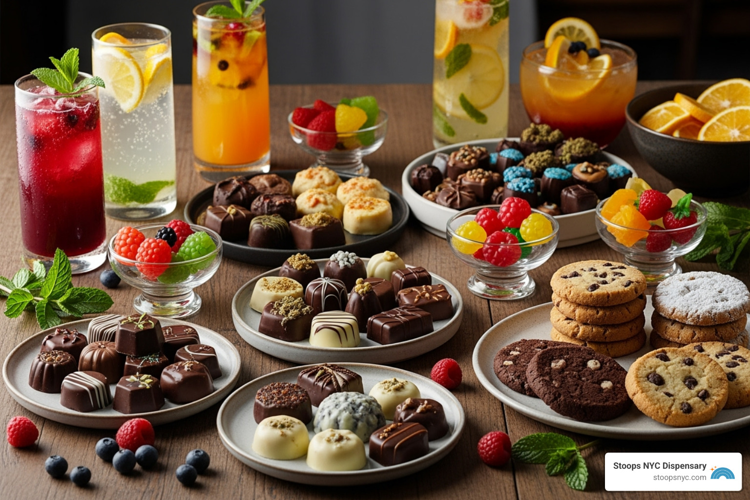 assorted gourmet cannabis edibles and beverages - cannabis flower strains