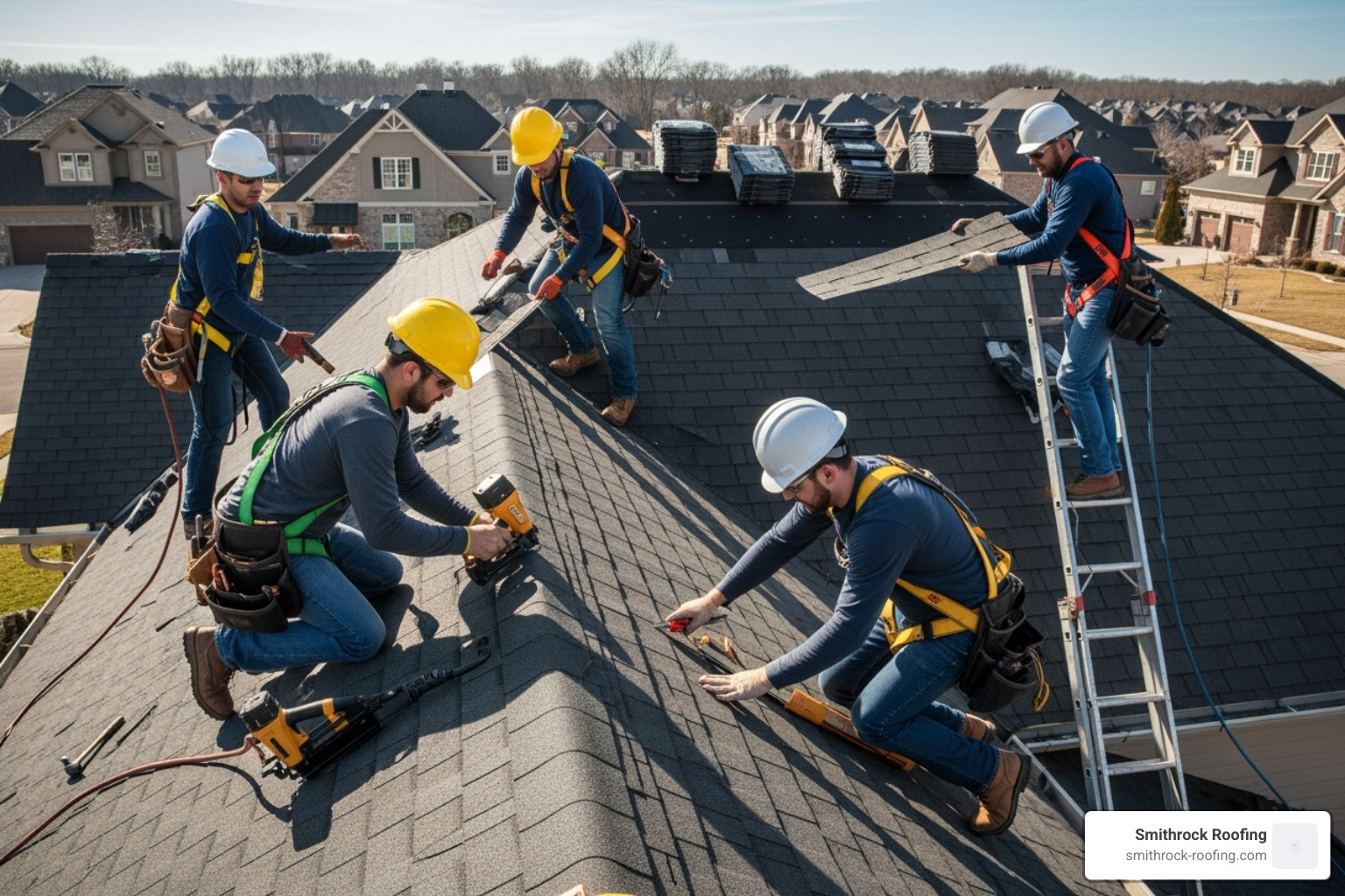 professional roofing crew working safely on a residential roof. - roof replacement cost 2500 sq ft