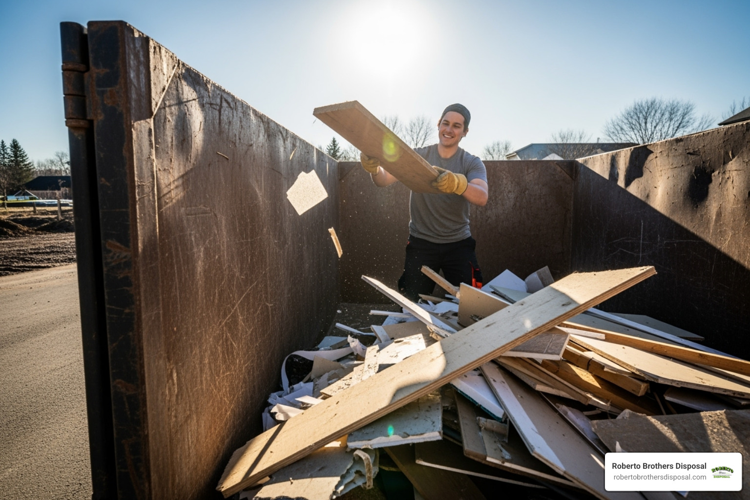of a person happily loading a dumpster without overfilling it - cost of small dumpster rental