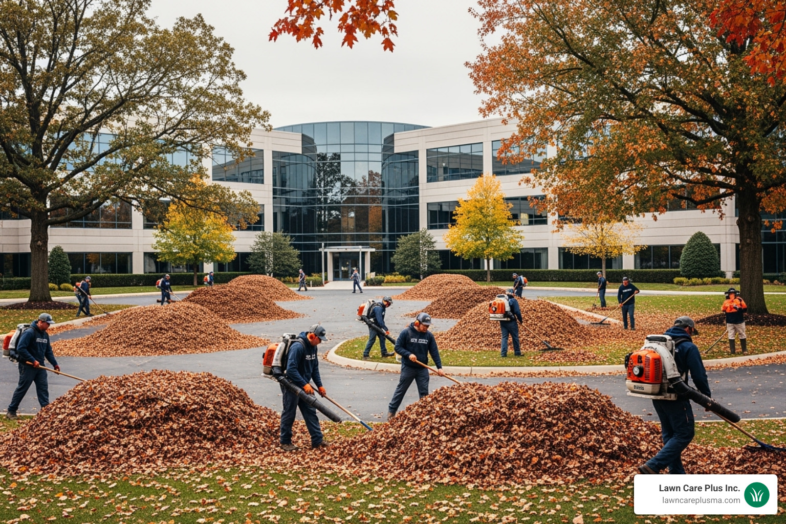 landscaping crew performing a large-scale fall leaf cleanup - Commercial Landscaping and Property Maintenance