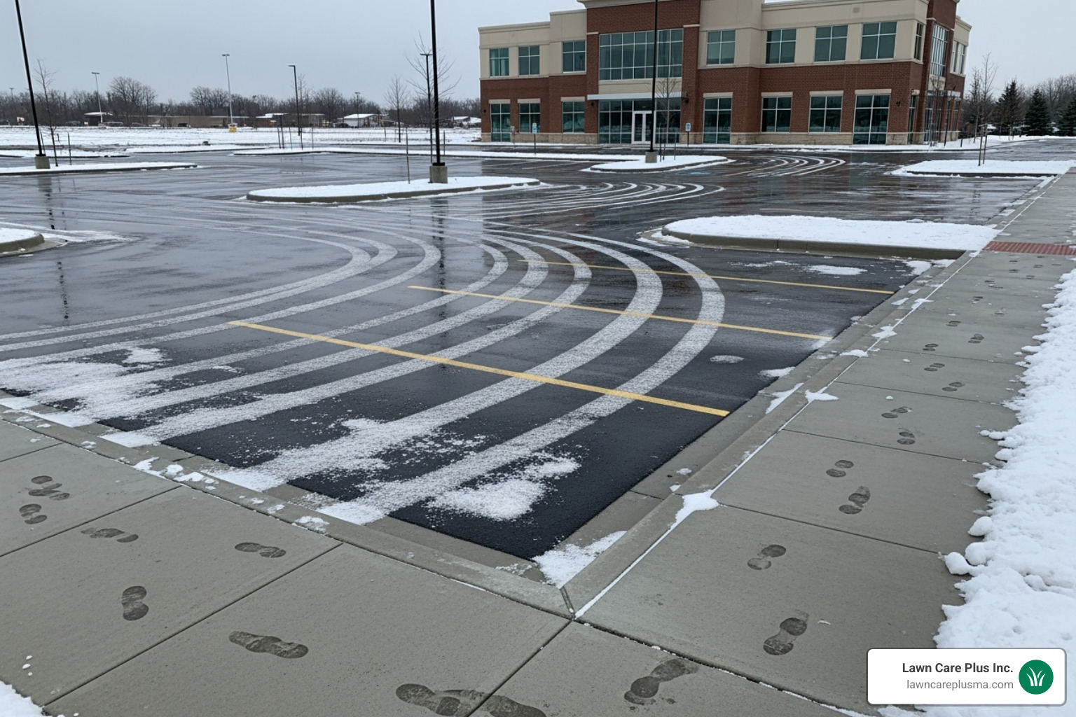 cleared and salted commercial parking lot and walkways during winter - Commercial Landscaping and Property Maintenance