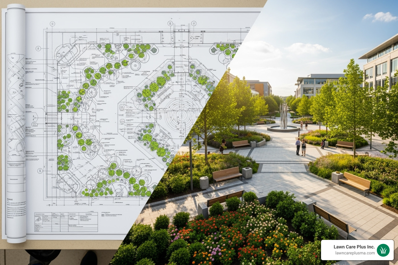 detailed commercial landscape design blueprint next to the finished project - Commercial Landscaping and Property Maintenance