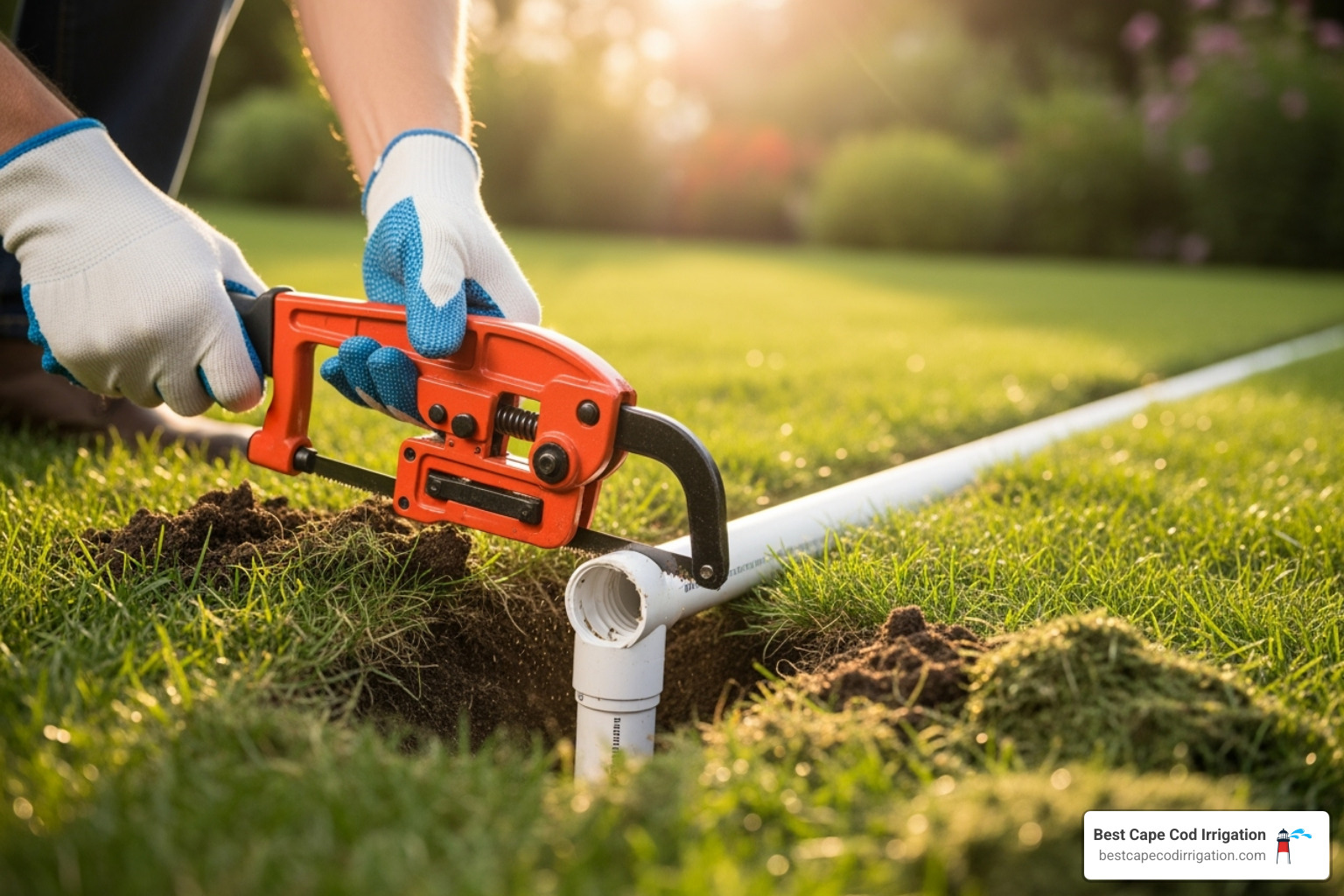 homeowner carefully cutting a damaged section of PVC pipe - how to repair lawn irrigation pipe