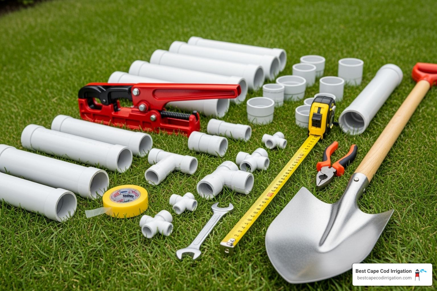 essential tools and materials laid out on the grass - how to repair lawn irrigation pipe