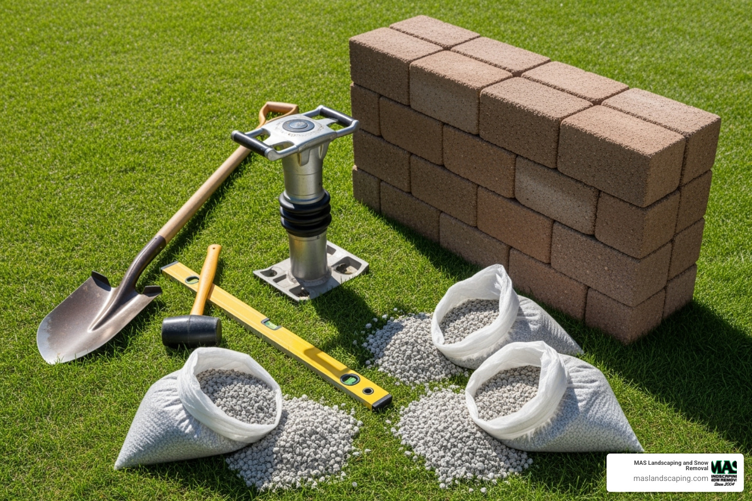 Tools and materials for a retaining wall project laid out on a lawn, including a shovel, hand tamper, level, rubber mallet, bags of gravel, and a stack of concrete retaining wall blocks. - concrete retaining wall block Tools and materials for a retaining wall project laid out on a lawn, including a shovel, hand tamper, level, rubber mallet, bags of gravel, and a stack of concrete retaining wall blocks. - concrete retaining wall block