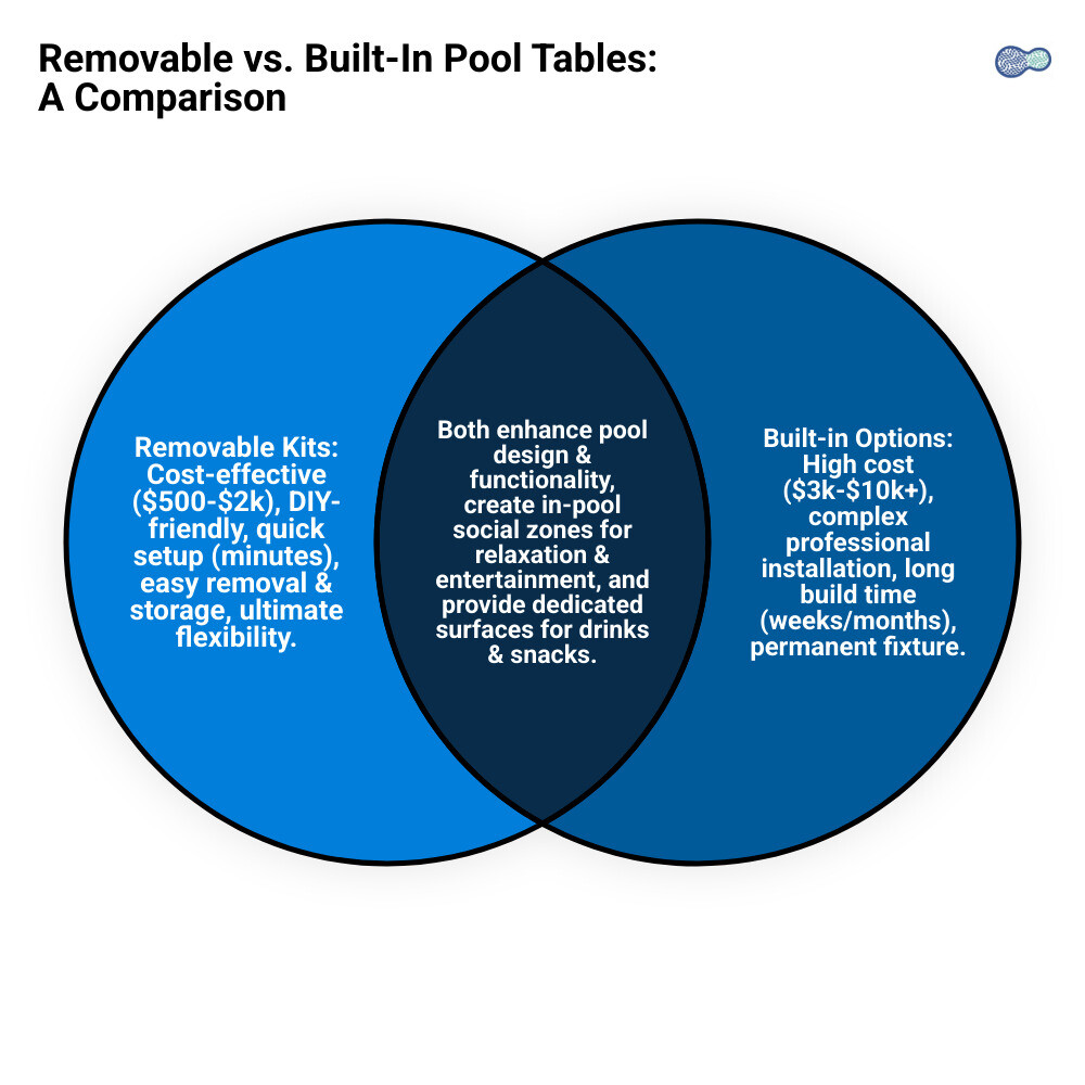 Table comparing Removable Table Kits and Built-in Swim-Up Bars on cost, installation time, flexibility, and permanence - removable table kit for swimming pool infographic venn_diagram