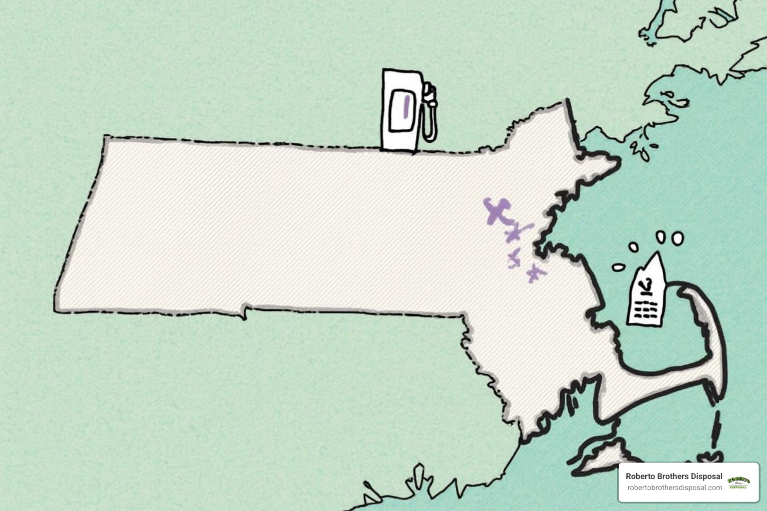 of a map of Massachusetts with icons representing different cost factors like a gas pump, a landfill, and a calendar - cost of small dumpster rental