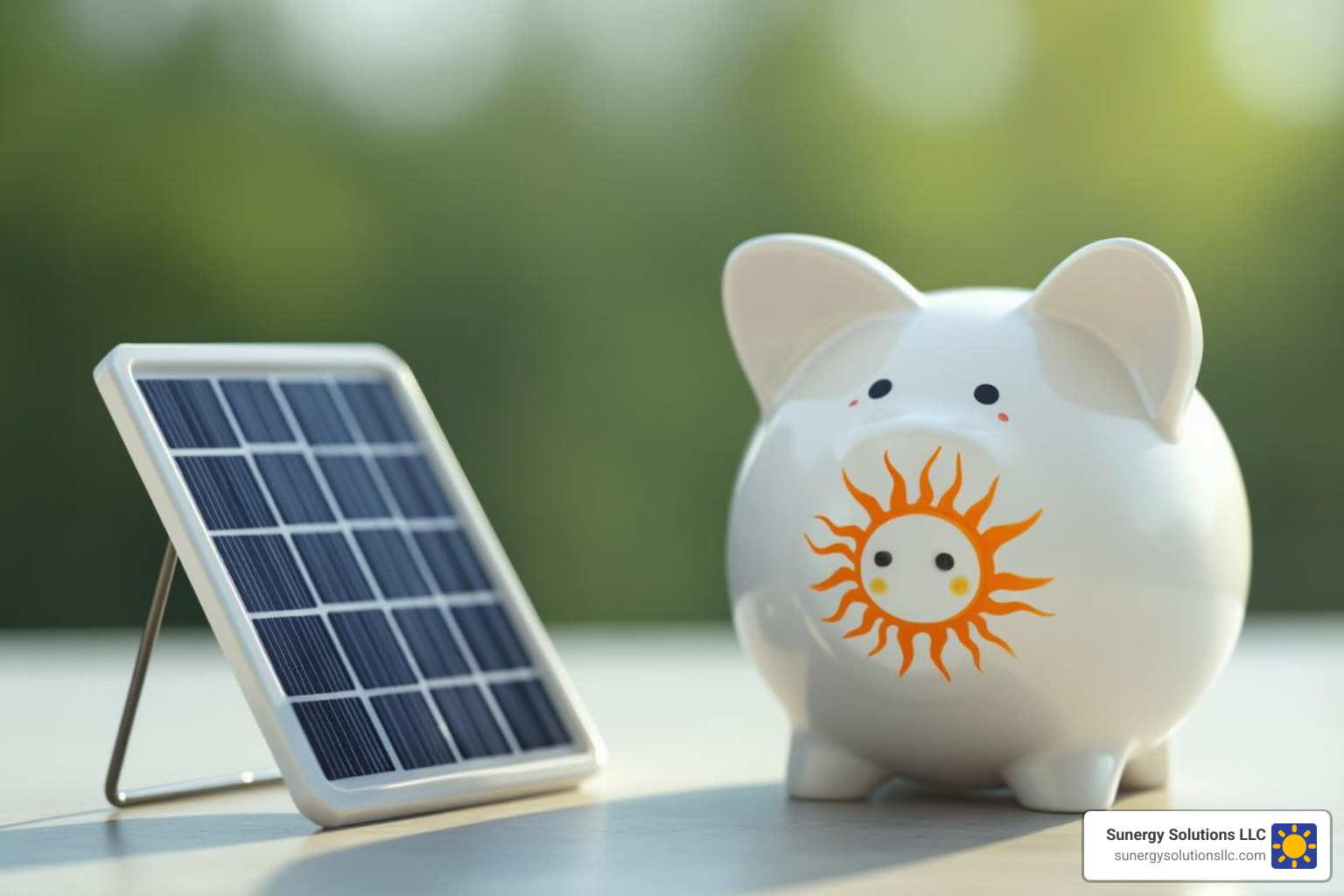 Piggy bank with a sun logo next to a miniature solar panel - solar panel cost ri Piggy bank with a sun logo next to a miniature solar panel - solar panel cost ri